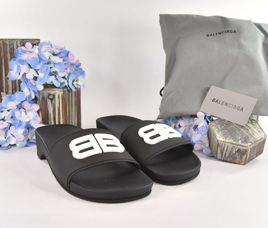 Balenciaga BB Black Rubber Wedge Slide Sandals Size 39 NIB