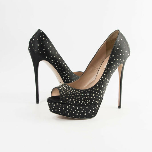 Valentino Black Satin Crystal Peep Toe Platform Runway Heels 39.5 9.5 $1950