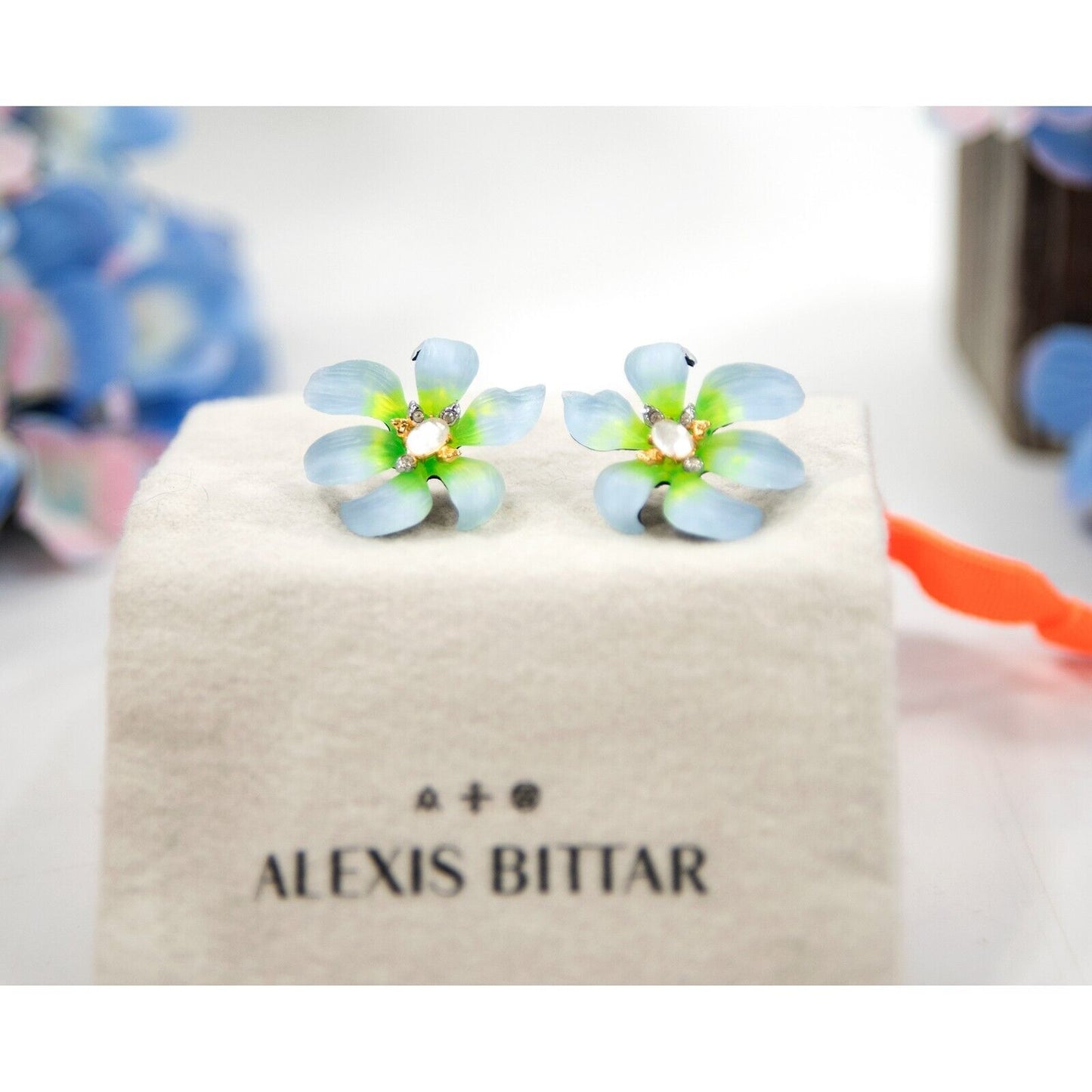 Alexis Bittar Aurora Blue Lily Flower Lucite Crystal Large Stud Earrings NWT