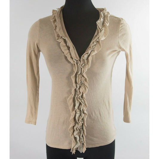 J Crew Khaki Taupe Ruffle Tuxedo Front Button Down Fitted Knit Blouse Top XS NWT